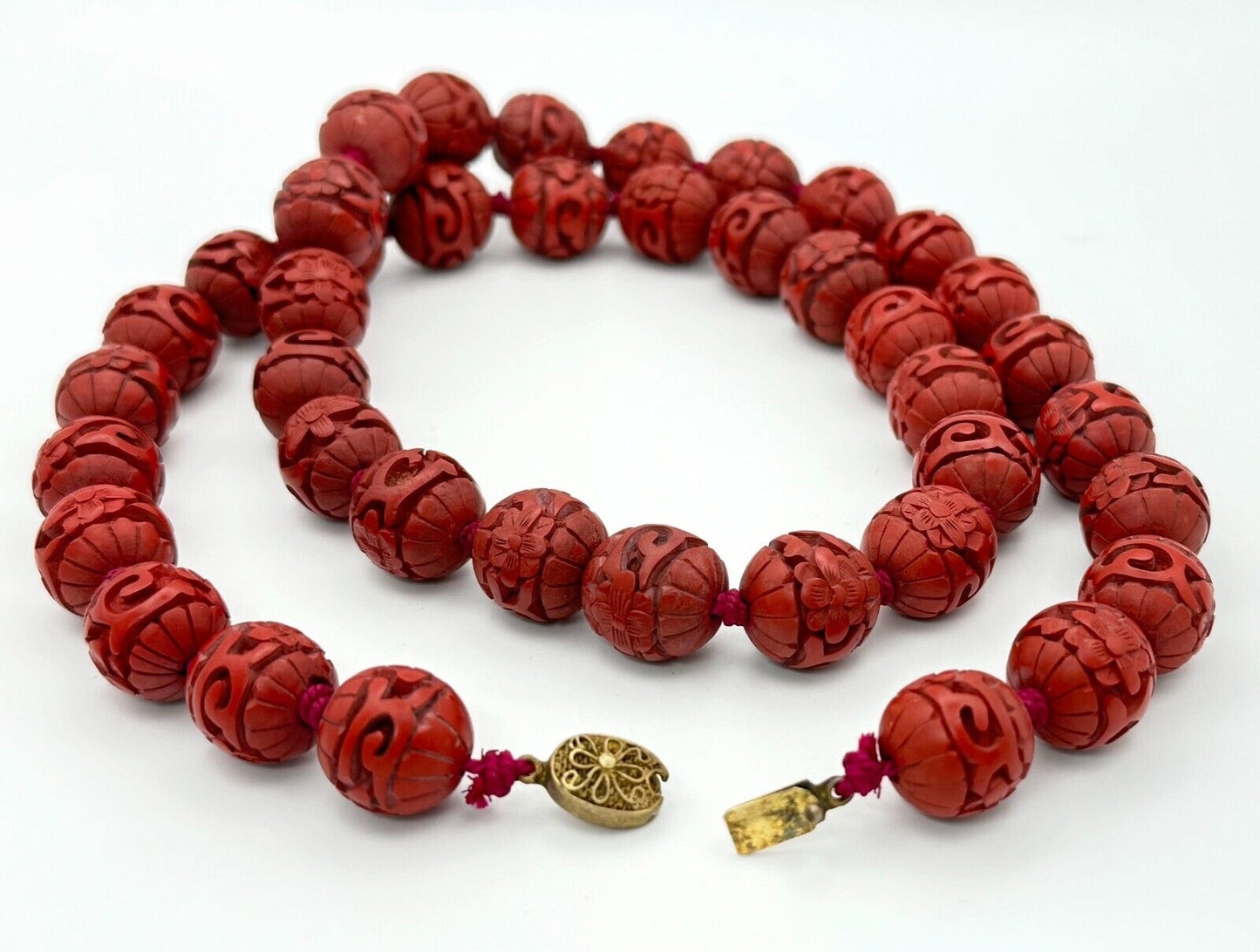 Vintage Chinese Hand-Carved Cinnabar Red Bead Necklace w Sterling Clasp (MiM)