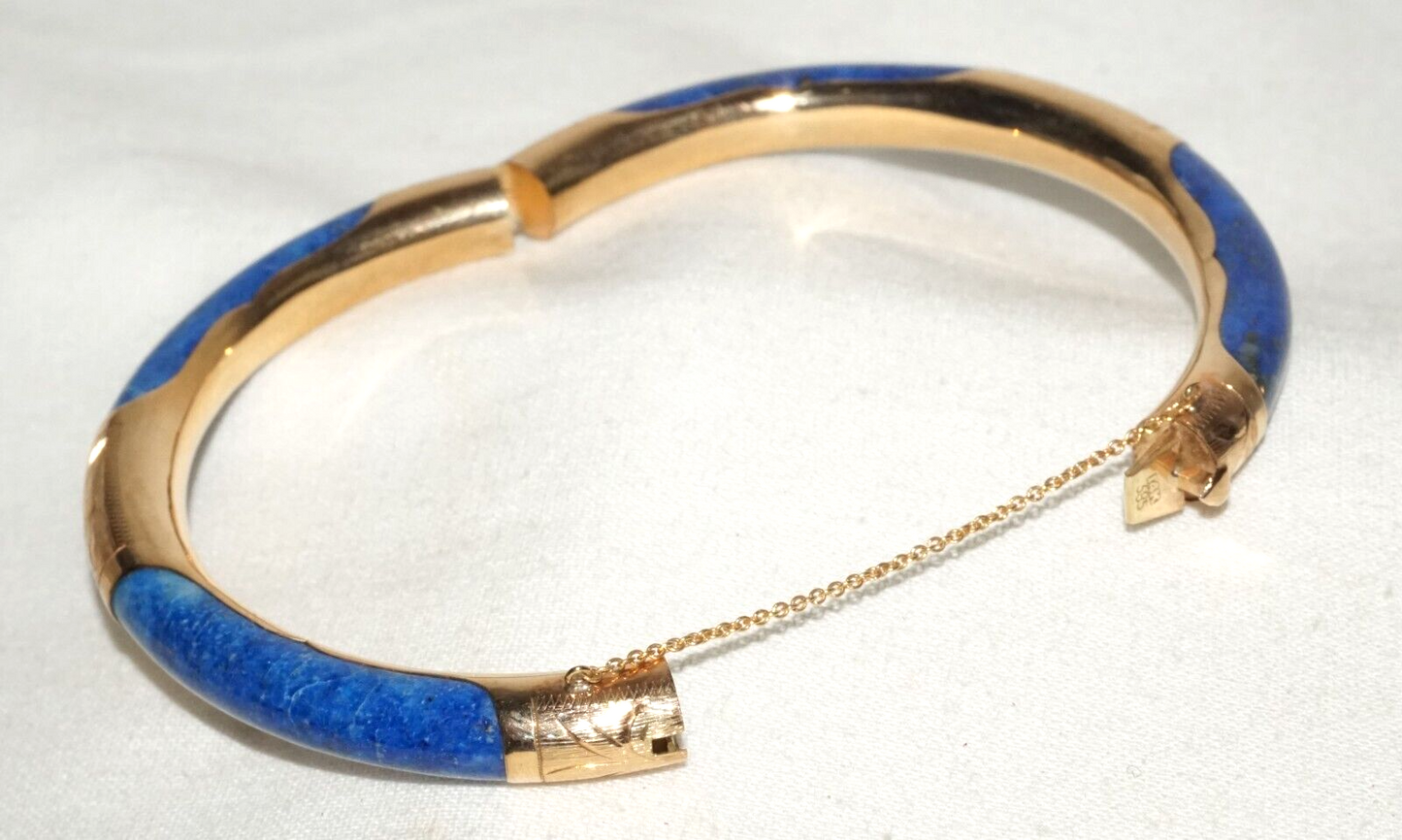 Vintage Chinese 14k Yellow Gold & Sodalite Hinged Bangle Bracelet (InS)#L1