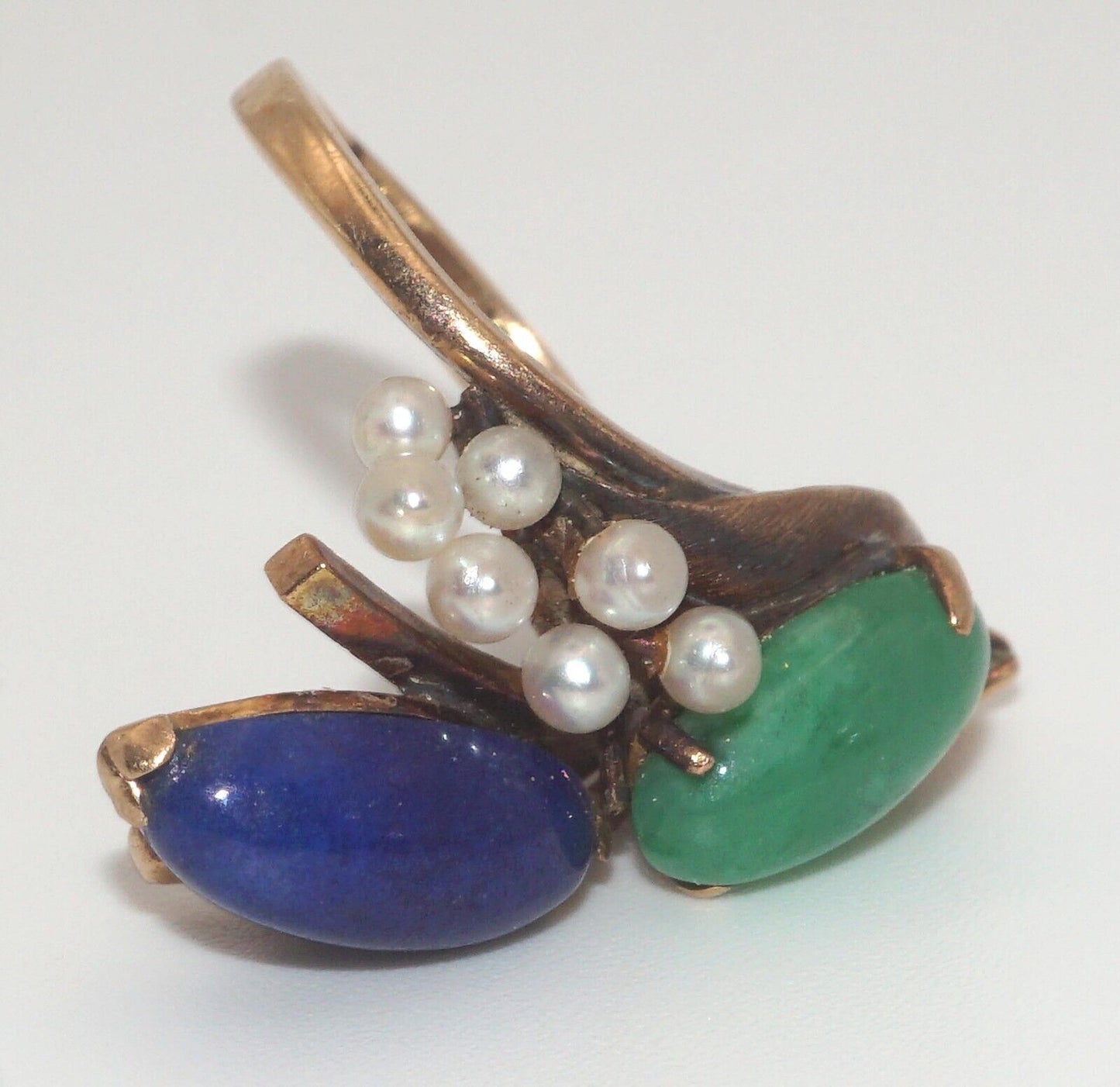 14k Yellow Gold Cocktail Ring Sz. 5 1/4 w Lapis, Jadeite & Mini Pearls (LeD)