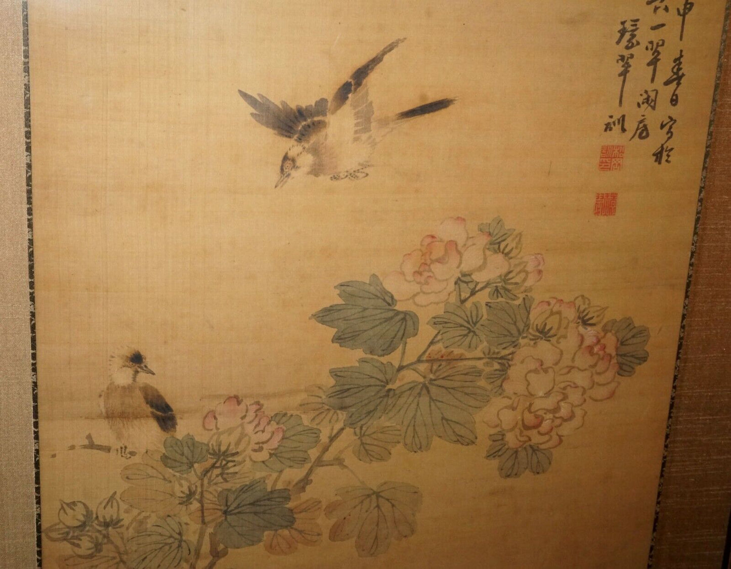 1800 Chinese Framed Painting Scroll Birds on Flowering Branch by Huan Chi (CWo)