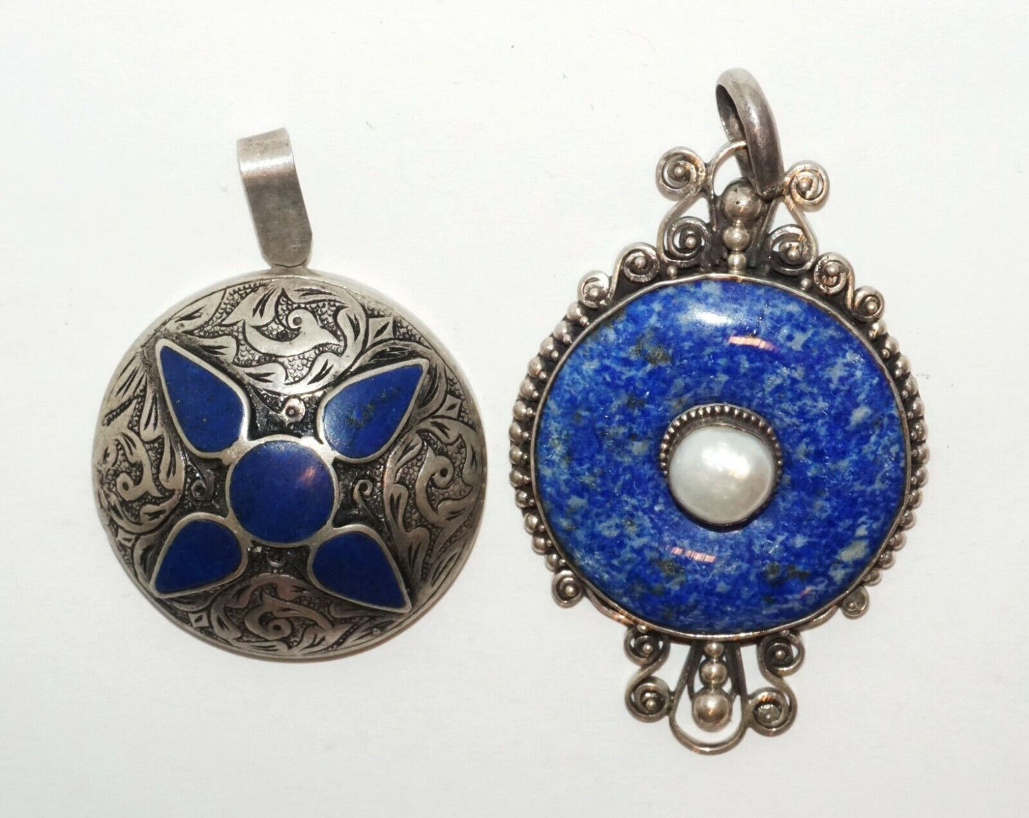 2Pc Vintage Sterling Silver Pendants w. Lapis Lazuli & Sodalite & Pearl (HaL)#18