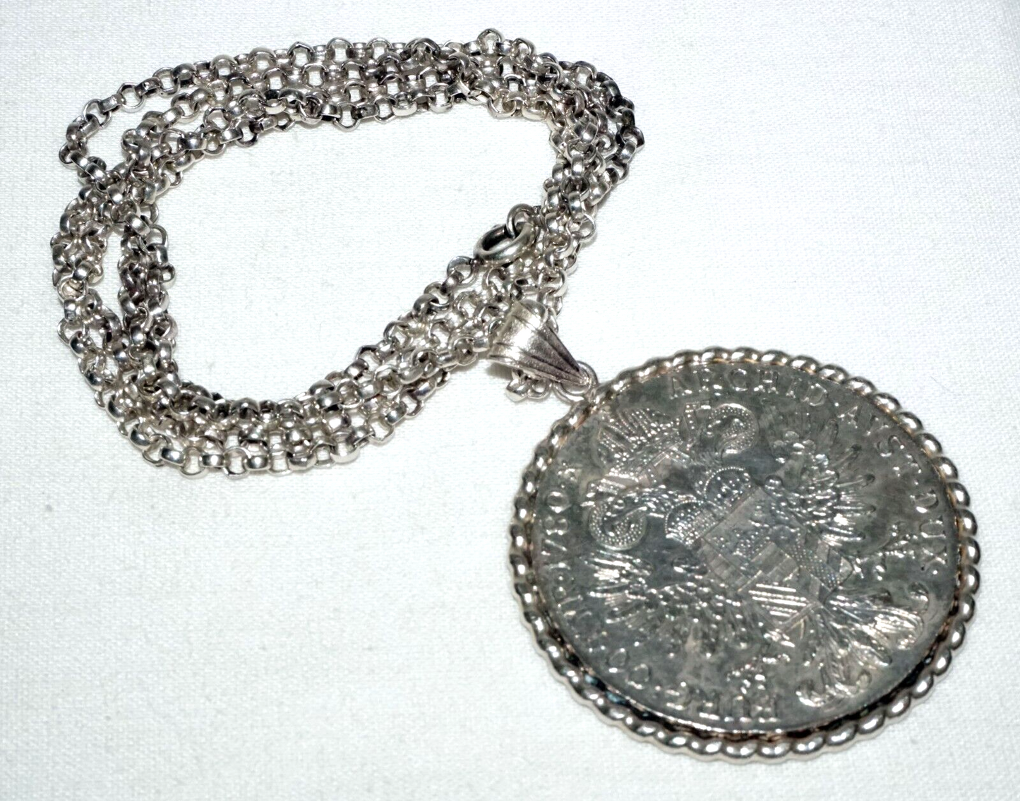 Vintage Egyptian Silver Necklace w. 1780 Austrian Silver Coin Pendant (KoS) L9