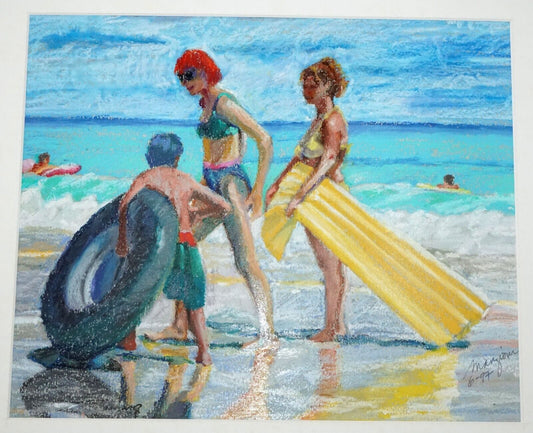 1997 Hawaii Oil Pastel Painting "Windward Beach Goers" by Ingrid Manzione (FeH)