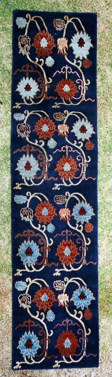 Vintage Tibetan Multi Color Floral Motif Rug Runner 150" x 28" Blue Ground (Sug)