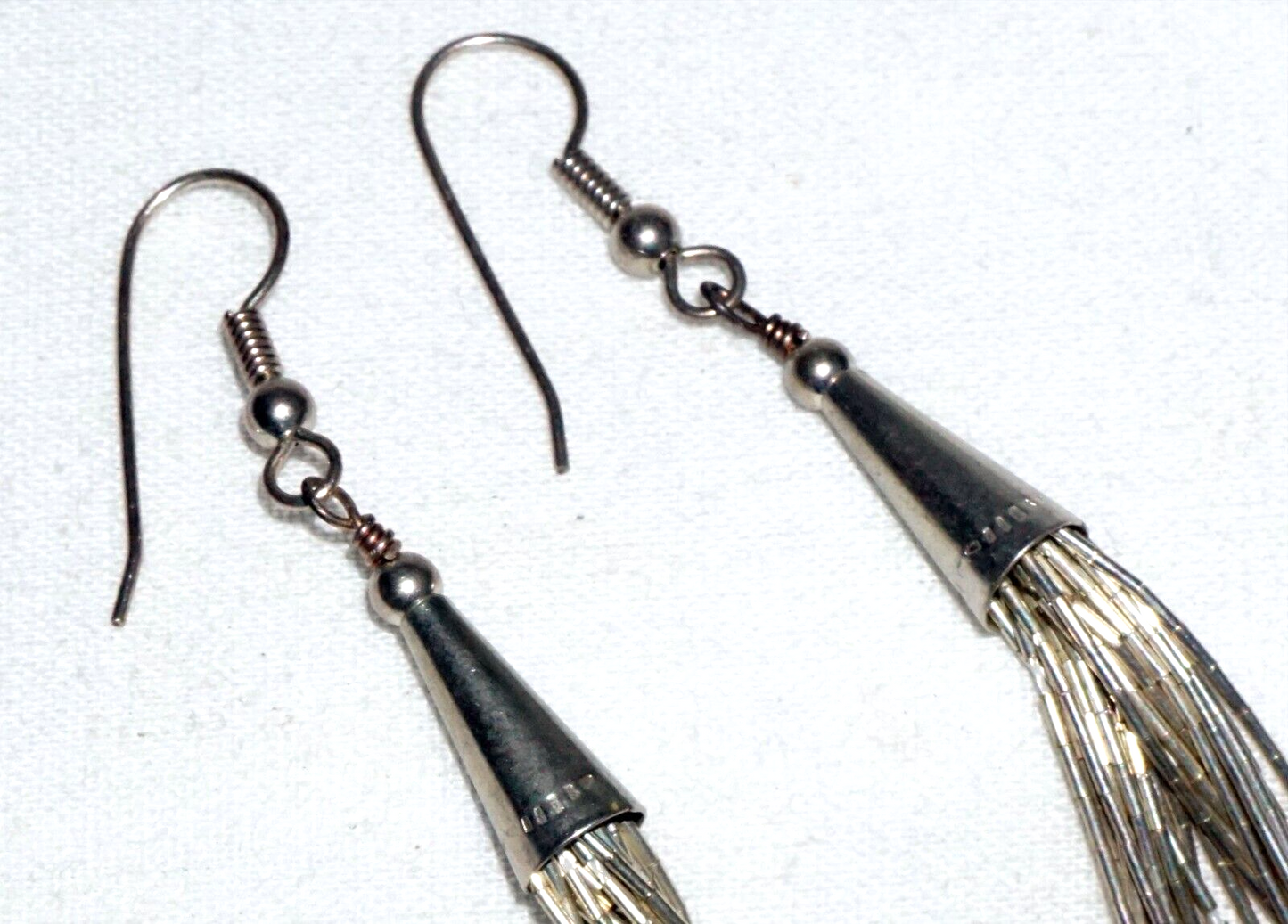 Vintage Unmarked Silver Alloy Dangle Earrings w. Tubular Bead Strands (---)