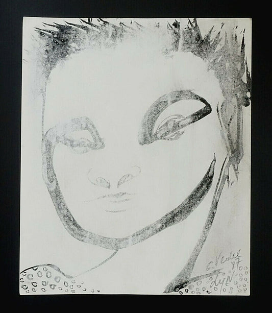 France Outsider Art Ink Painting Asian Figure Portrait by Claude Vedel (EtJ)#73