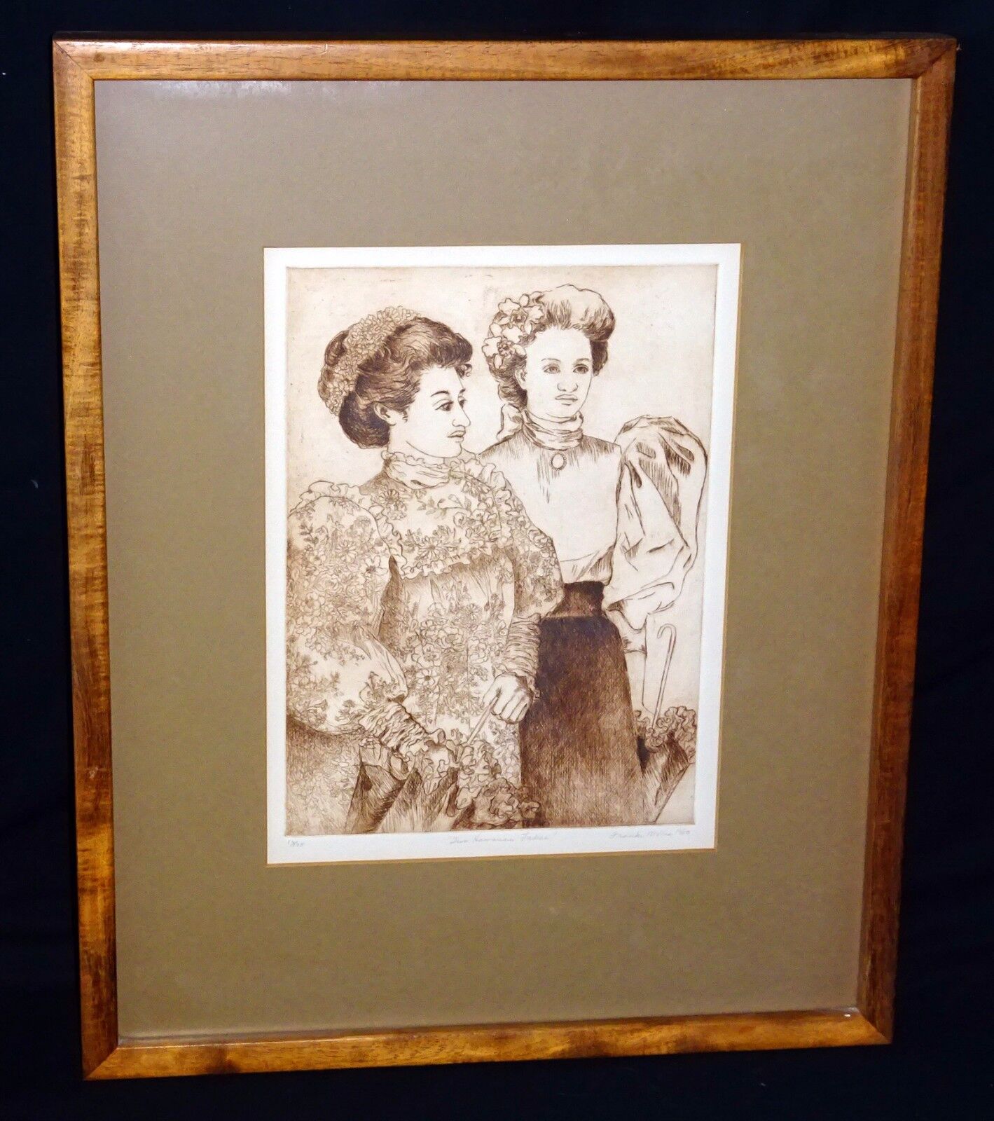 '80 Hawaii Sepia Etching Print 10/175 Two Hawaiian Ladies by Franki Morris (Wil