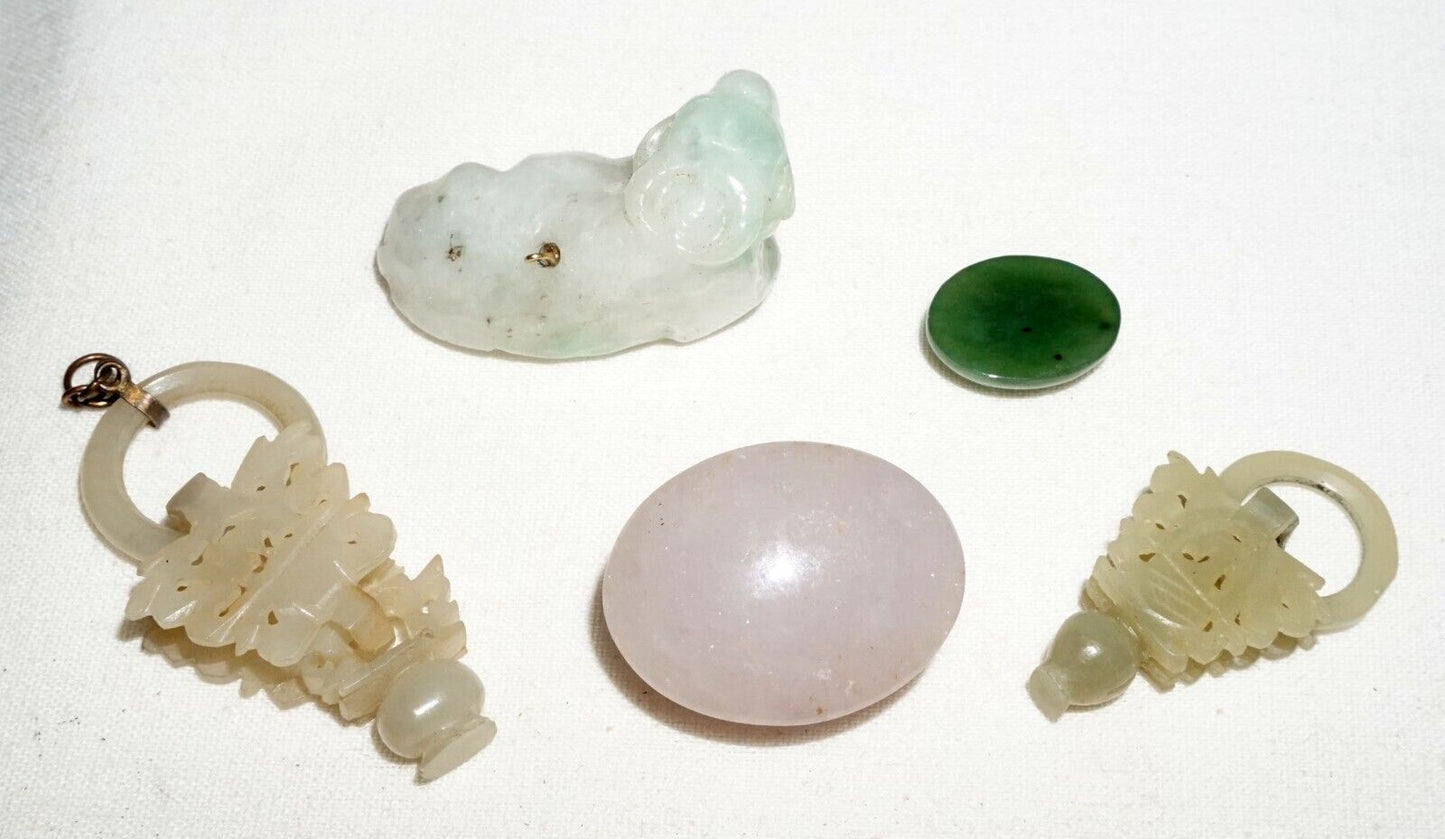 5Pc Vintage Chinese Jadeite & Nephrite Jade Mixed Lot Ornaments Cabochons (***)