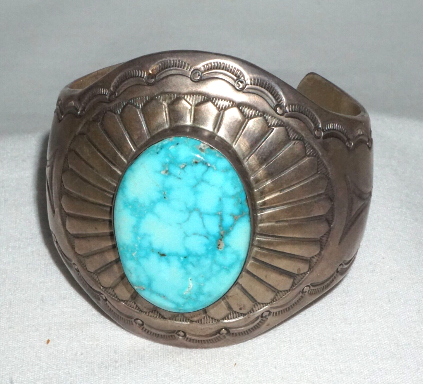 Vintage Navajo Heavy Sterling Silver Bracelet w. Turquoise Harvey Mace (GeB)#17