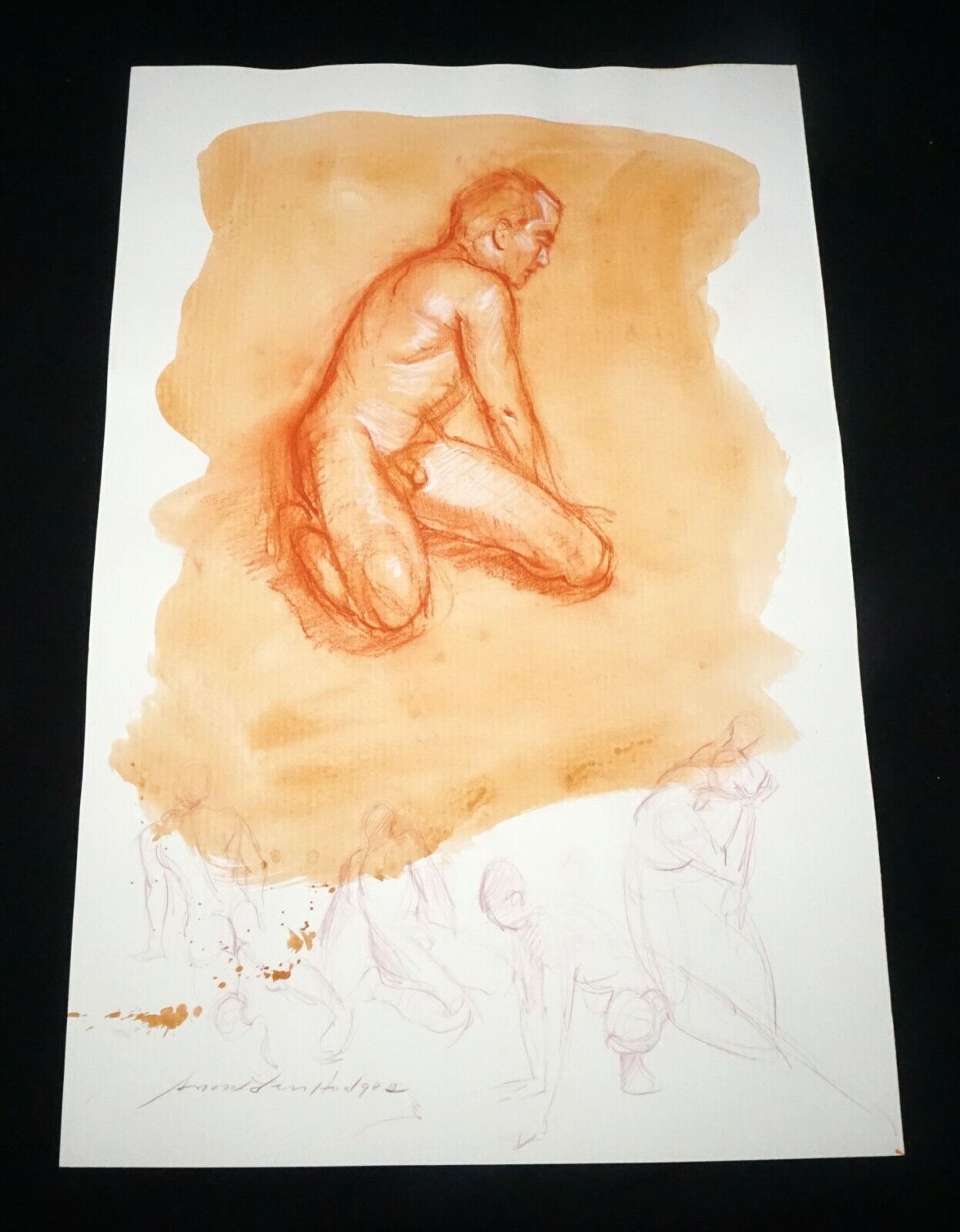 Hawaii Conte Color Wash Drawing Painting Male Nude by Snowden Hodges (Sho)#26