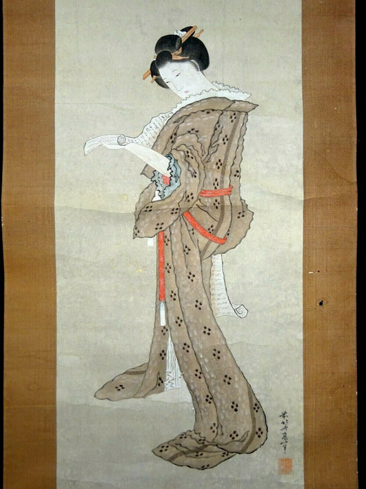 19C Japanese Painting Scroll of Beautiful Woman Reading School of Hokusai (StP)