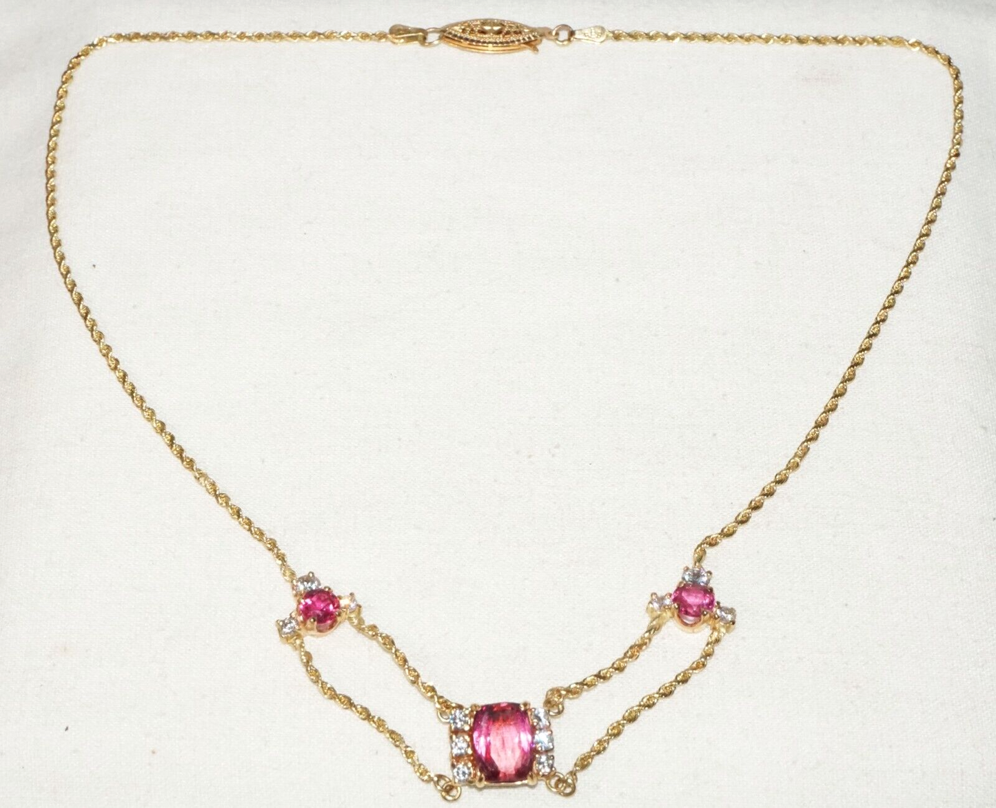 Vintage 14k Yellow Gold Rope Chain Necklace w. 3x Tourmalines & 12x CZ (GoB) #15