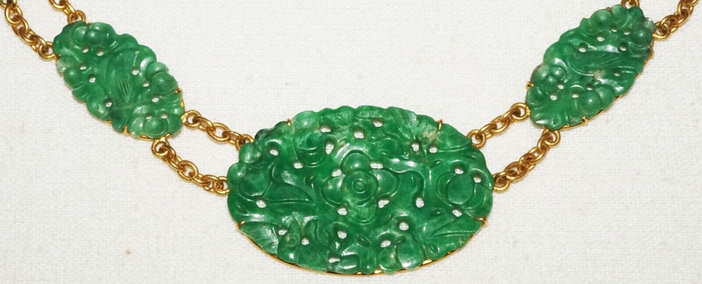 Vtg Chinese 10K Yellow Gold Necklace w. 9x Pierced Floral Jade Plaques (InS)L5