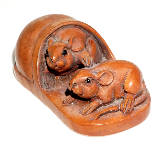 Vintage Japanese Carved Wooden Netsuke Two Mice in a Loafer (FeH