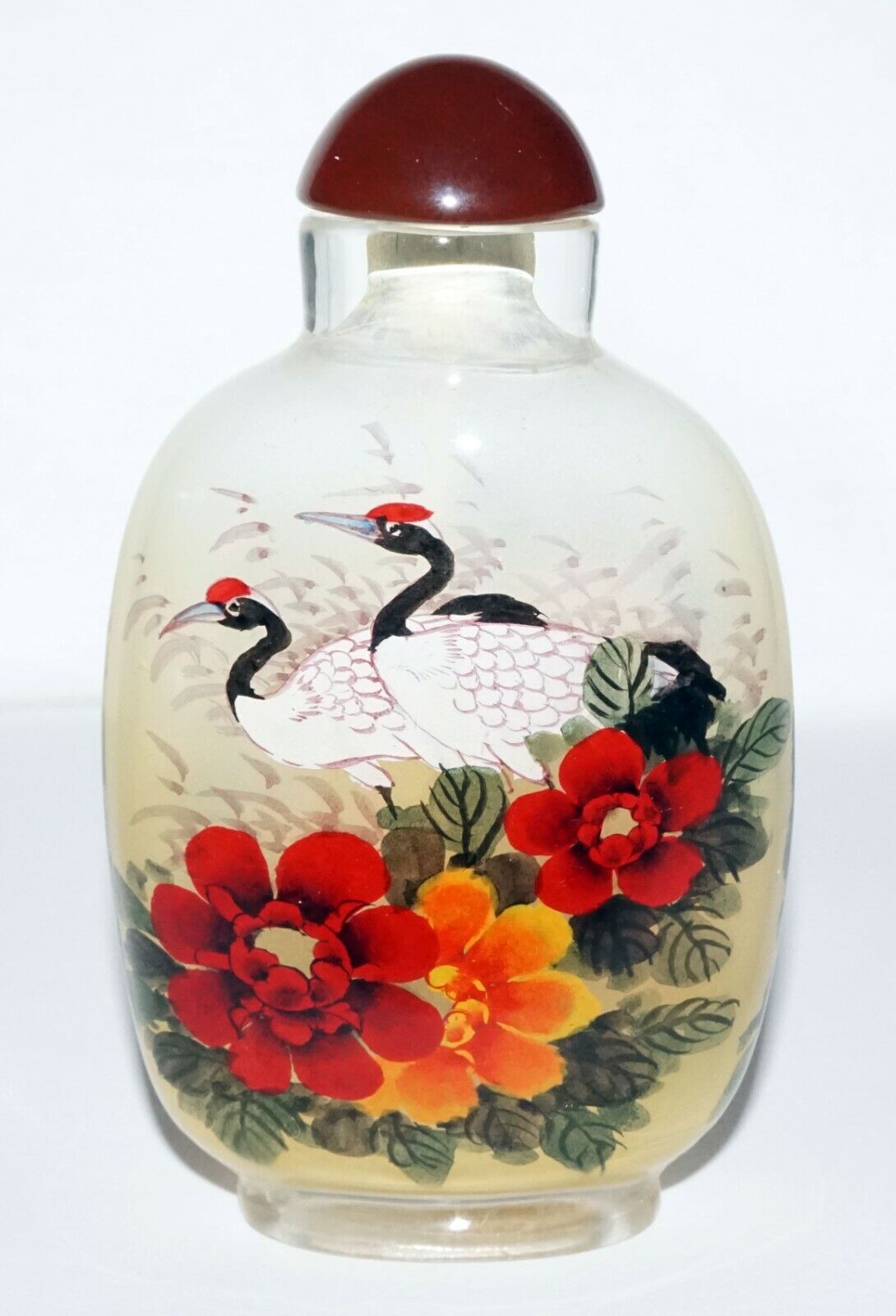 Vintage Chinese Reverse Painted Glass Snuff Bottle w. Birds & Flowers (LeS)