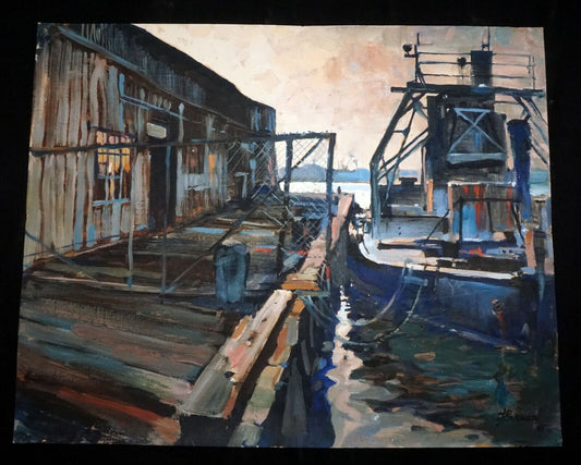 2Pc 1965 New Zealand Oil Paintings Pier & Boat by David Barker (b.1941)(Kel)