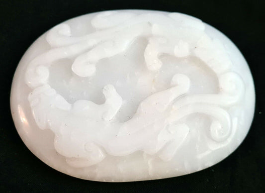 20C Chinese White Jade Large Scepter Head w. Dragon Motif in Relief (AHB)