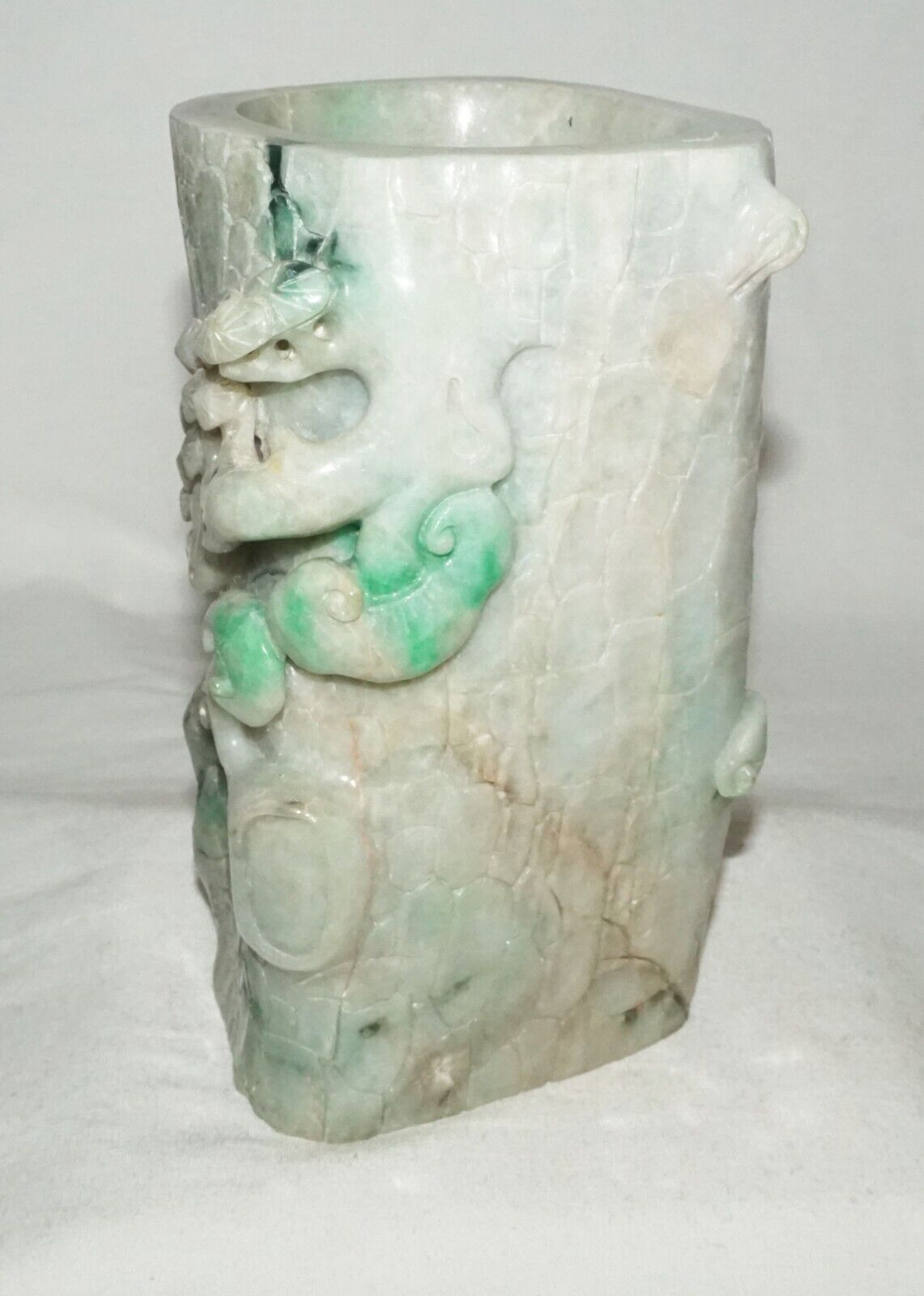 Chinese Jadeite Jade Carved Brush Pot w. Pine Tree Stump & Lingzhi Motifs (InS)