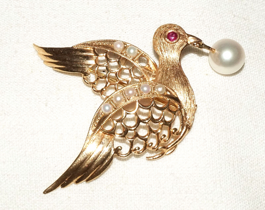 Vintage 14k Yellow Gold Dove Motif Brooch Pendant w. Ruby & Pearl Accents (KiL)