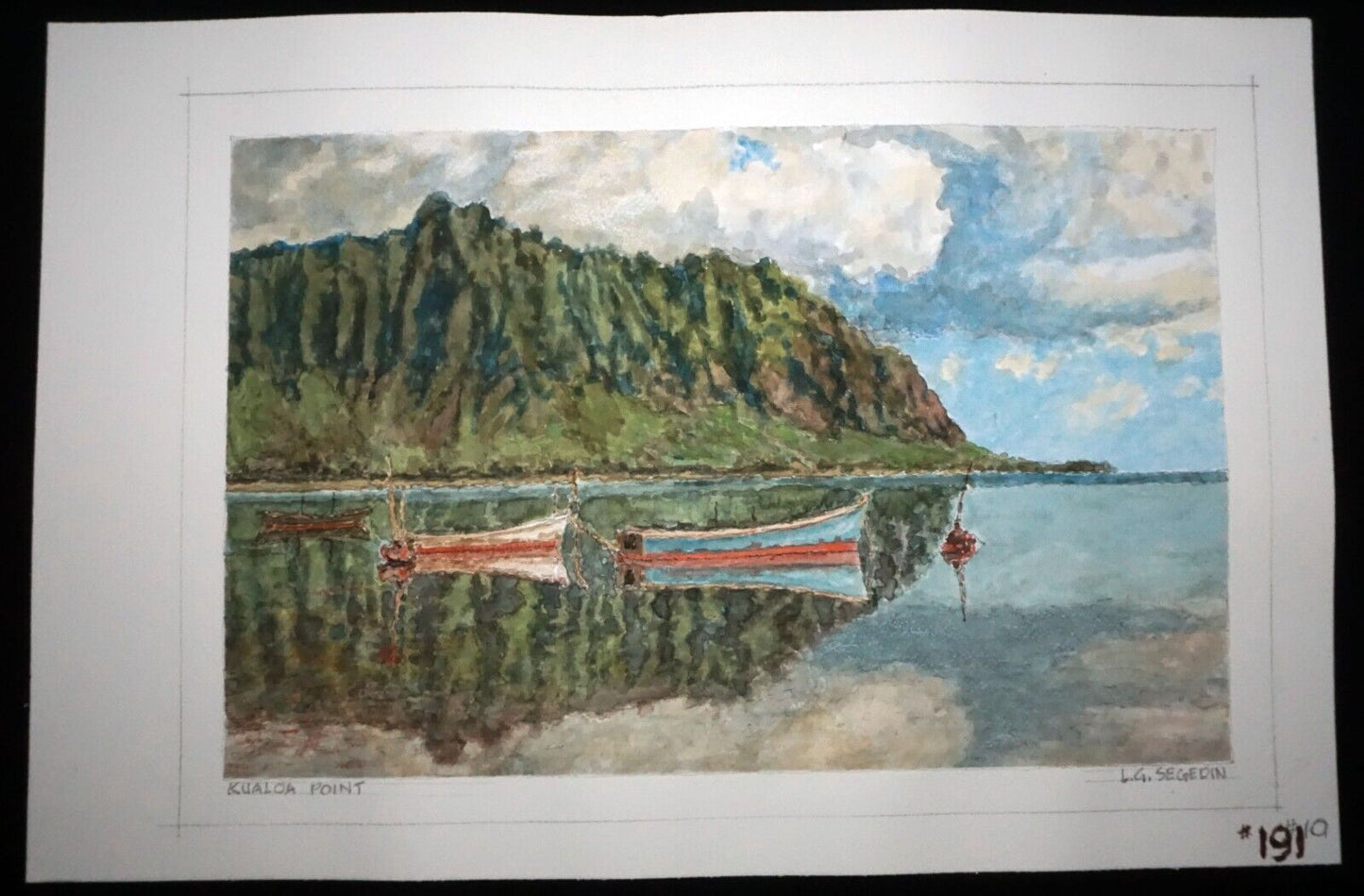 Hawaii Watercolor Painting Kualoa Point with Fishing Boats by Larry Segedin #191