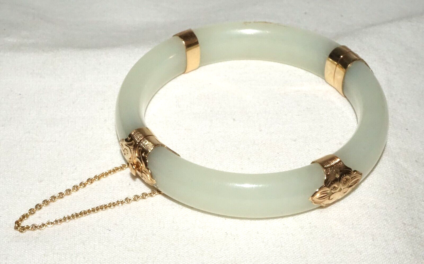 Vtg Chinese 14k Yellow Gold & Pale Green Jadeite Jade Bracelet Ming's (LeS)L25