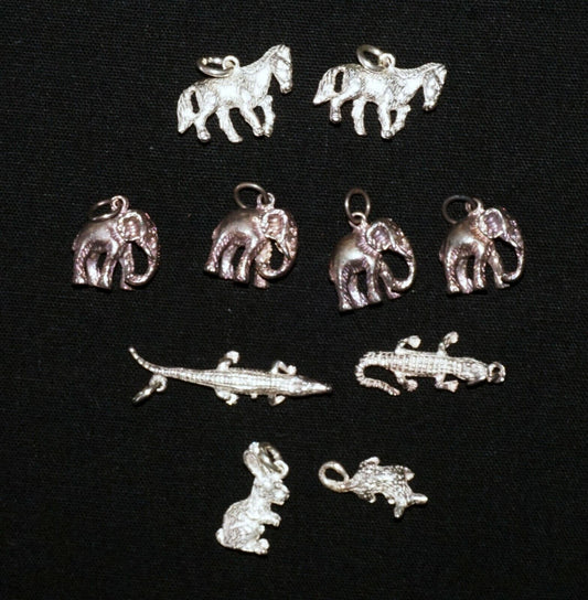 10Pc Sterling Silver Mini Animal Charm Pendants Crocodile Elephant Horse (NiD)