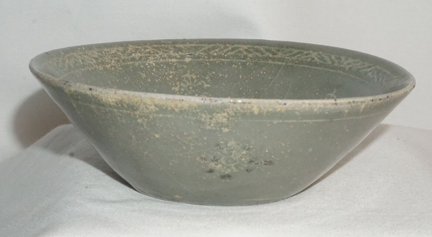 14C Korean Koryo Inlaid Pottery Bowl Celadon Glazed w. Floral Designs (JSt)2 IC