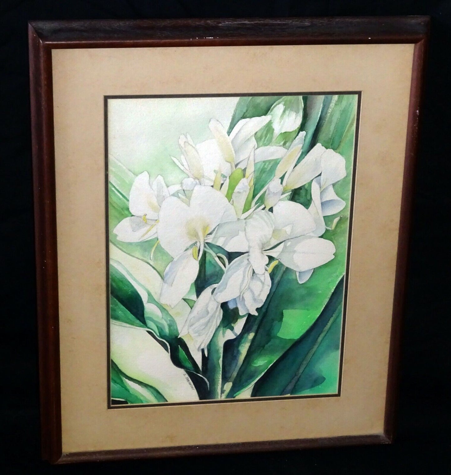 1970s Hawaii Koa Framed WC Painting "Ginger Flowers" by S. Yamauchi (StP)