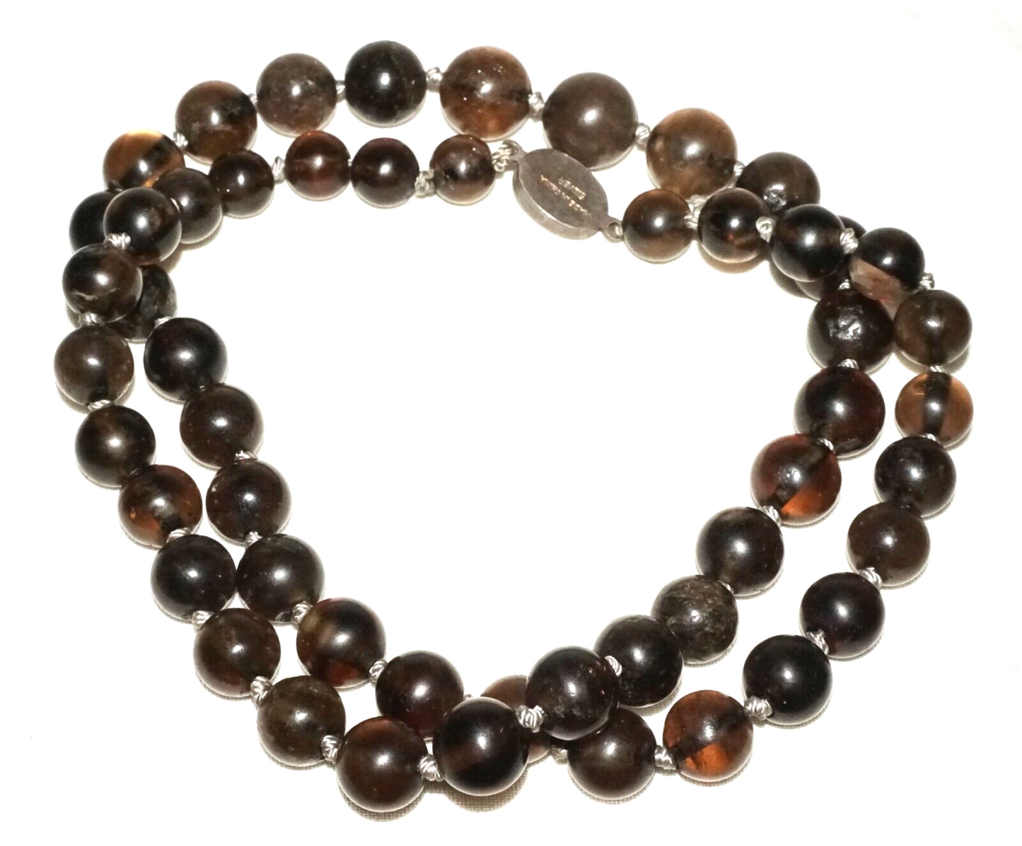 Vintage Chinese Smokey Quartz Bead Necklace w. Silver Clasp 25" (InS)#L2