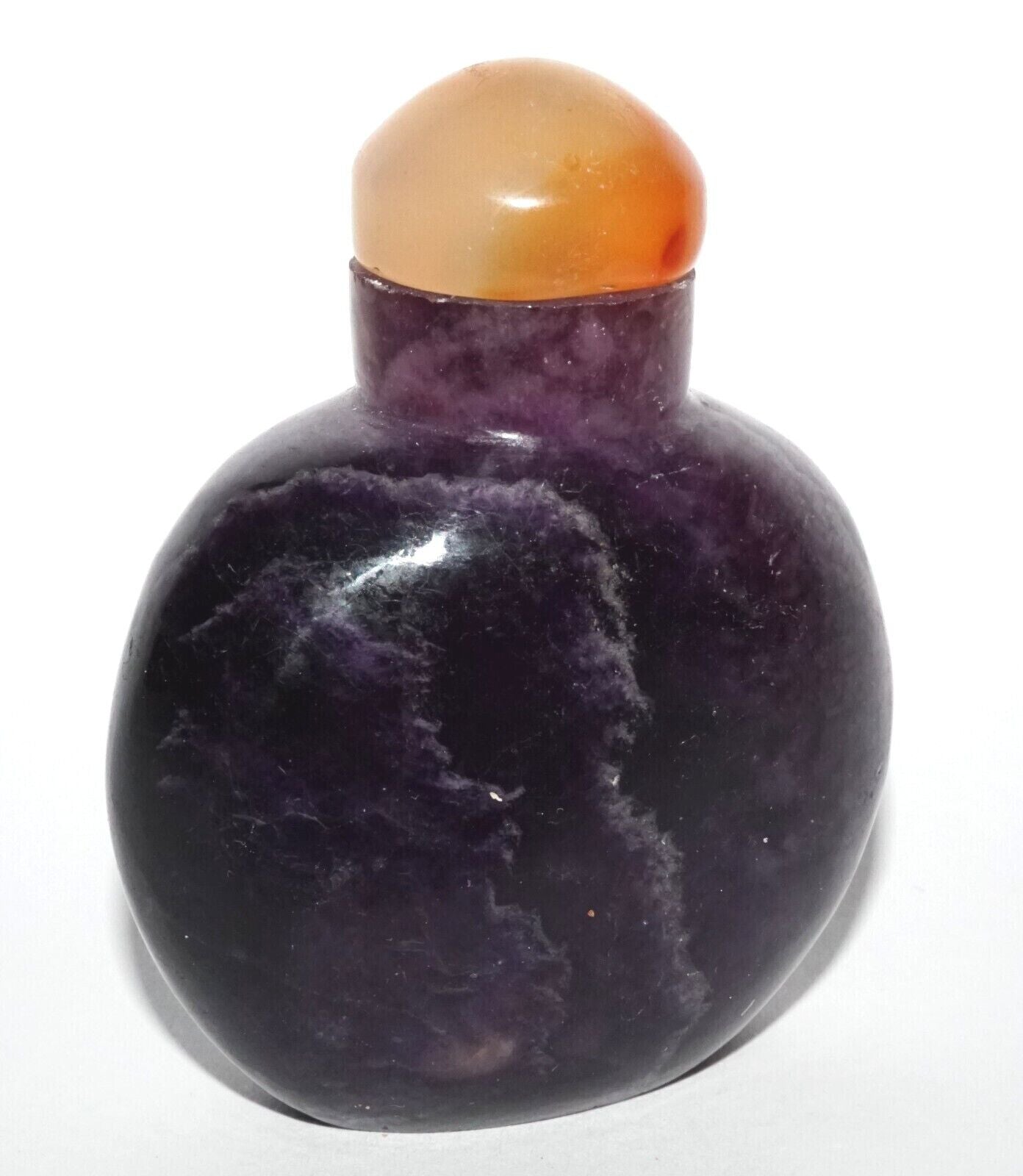 Vintage Chinese Purple Fluorite Carved Snuff Bottle w. Agate Stopper (LeS) G8