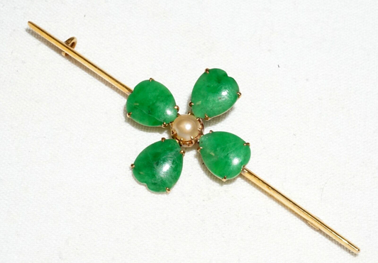 Vtg Chinese 18k Yellow Gold Four Leafed Clover Jadeite Jade & Pearl Brooch (InS)