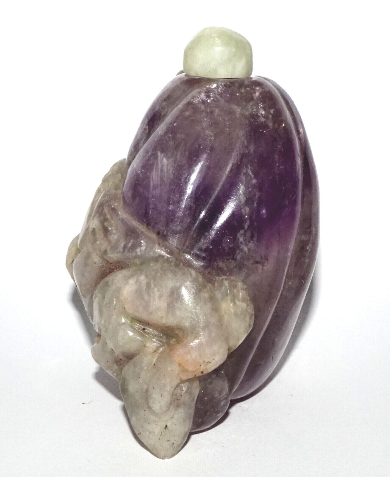 Vintage Chinese Purple Fluorite Carved Snuff Bottle w. Stone Stopper (LeS) G12