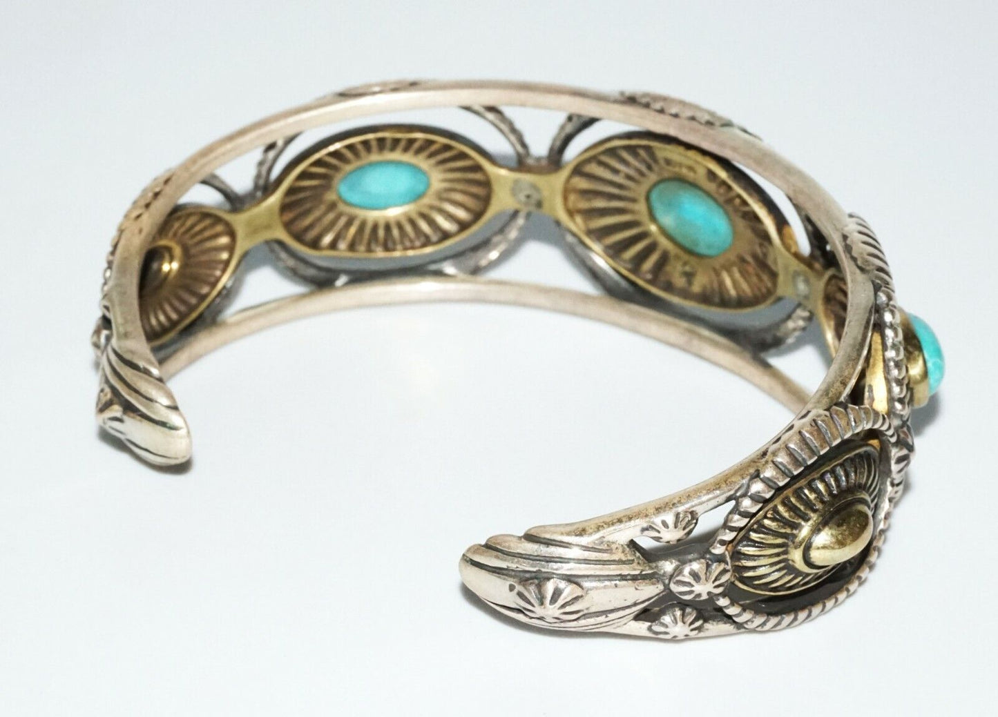 Vintage S.W. Sterling Silver & Brass Bracelet w. Turquoise by Relios (SaR)#218