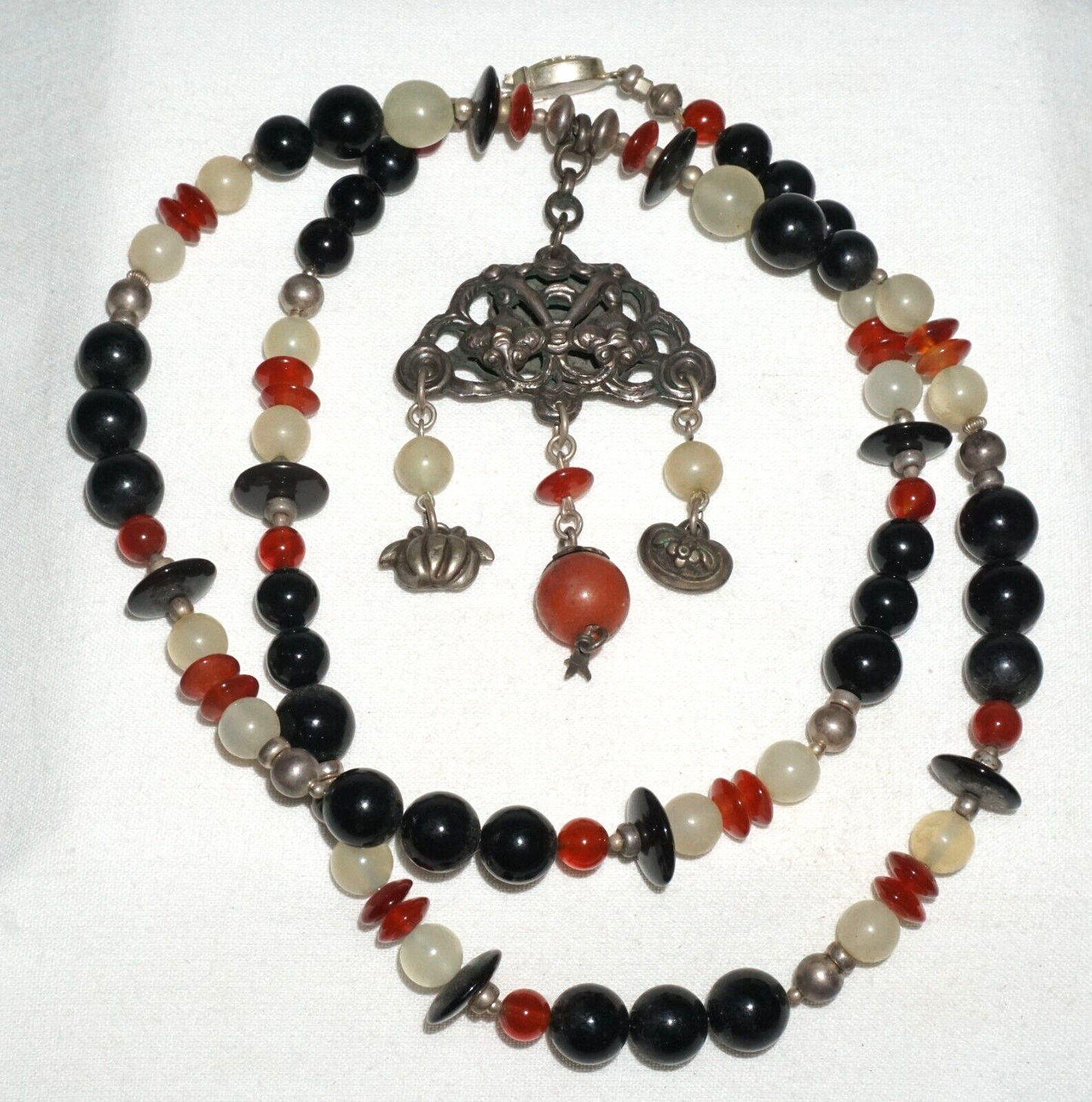 Vintage Chinese Hard-stone Bead Necklace w. Old Silver Dangle Pendant (---)