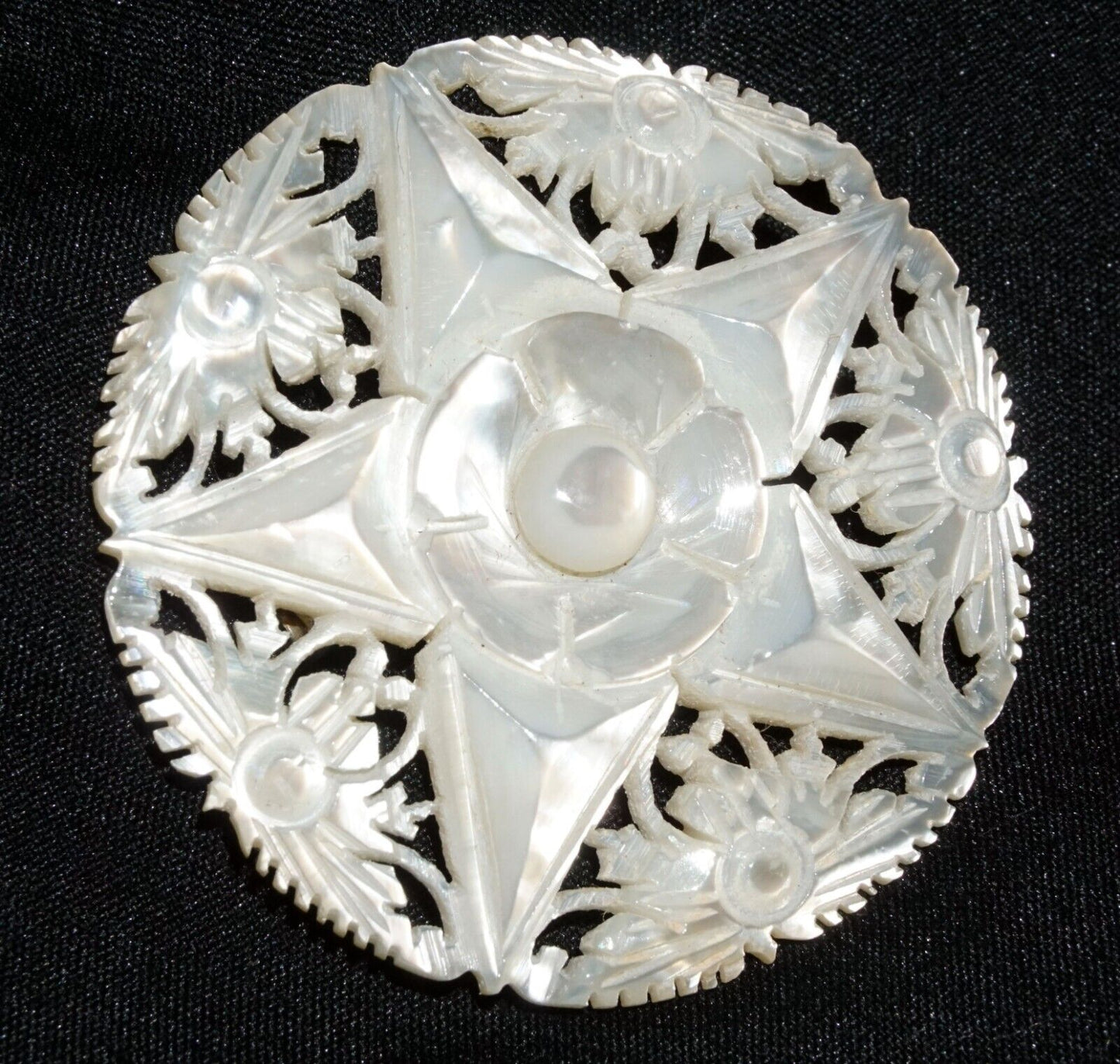 Vintage Mother of Pearl Carved Pierced Star Design Flower Motif Brooch (JoD)