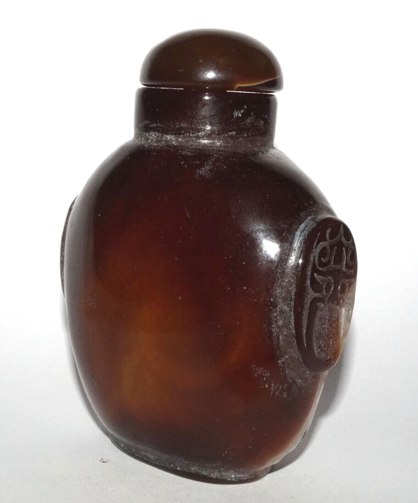 Vintage Chinese Brown & White Agate Carved Snuff Bottle w Mask Handles (LeS) G12