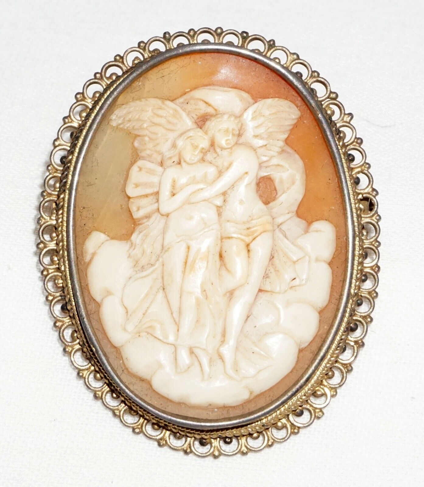 Vintage Unmarked Metal Scroll Design Brooch Shell Cameo w Angel Motif (BiB)