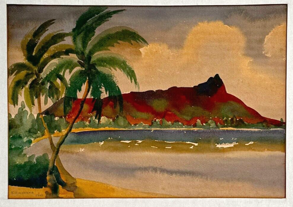 1938 Hawaii Watercolor Waikiki Shoreline w Diamond Head by Sunao Hironaka (KoR)