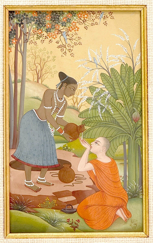 Vintage Indian Budhhist Painting of "Untouchable Woman" Prokrithi & Monk (KuK)