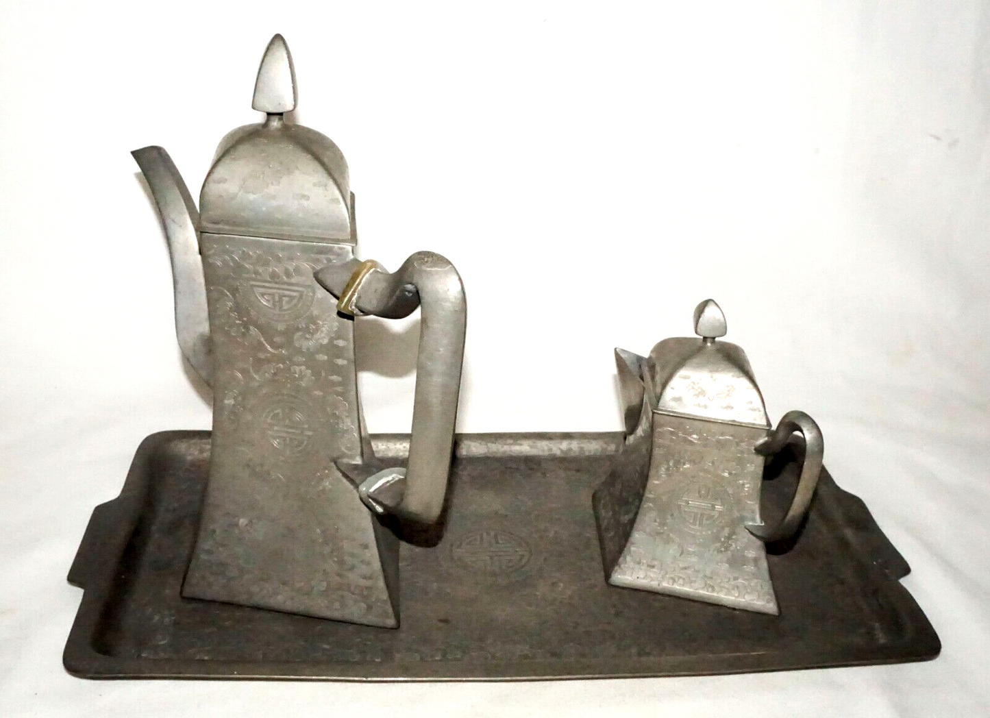 3Pc Vintage Chinese Pewter Pot & Creamer on Tray w. Bat & Happiness Motifs (GoB)