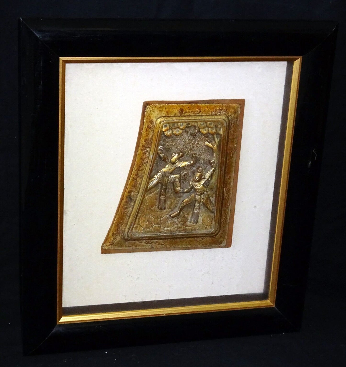 19C Chinese Framed Wooden Carving of "Two Figures Beneath a Tree" (***)