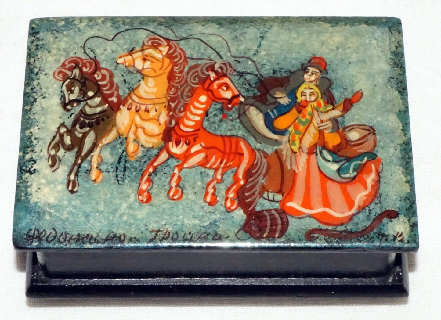 Vintage Russian Lacquer Box Two Figures & Three Horses signed (AHB)