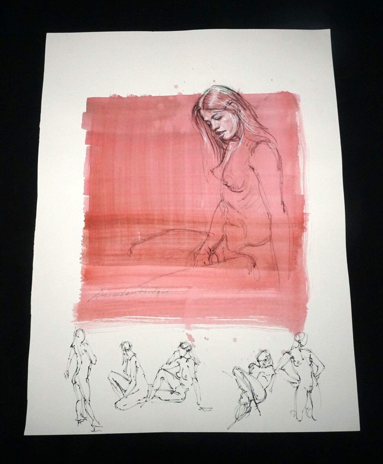 Hawaii Mixed Media Wash Painting Seated Female Nude Snowden Hodges (Sho)#111