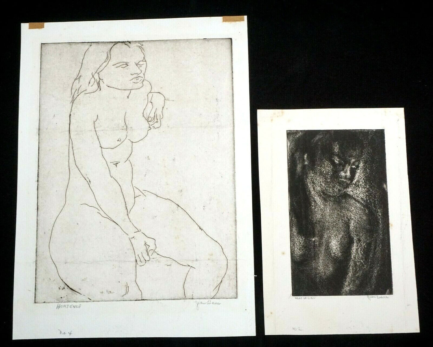 2Pc 1940s Hawaii Etching Prints "Hortense & Head of a Girl" by Jean Evans (Kel)