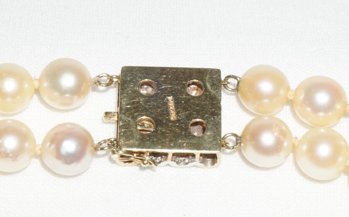 Vintage Double Strand Pearl Necklace 14k Y. Gold Clasp w. 28x Diamonds (BiB)