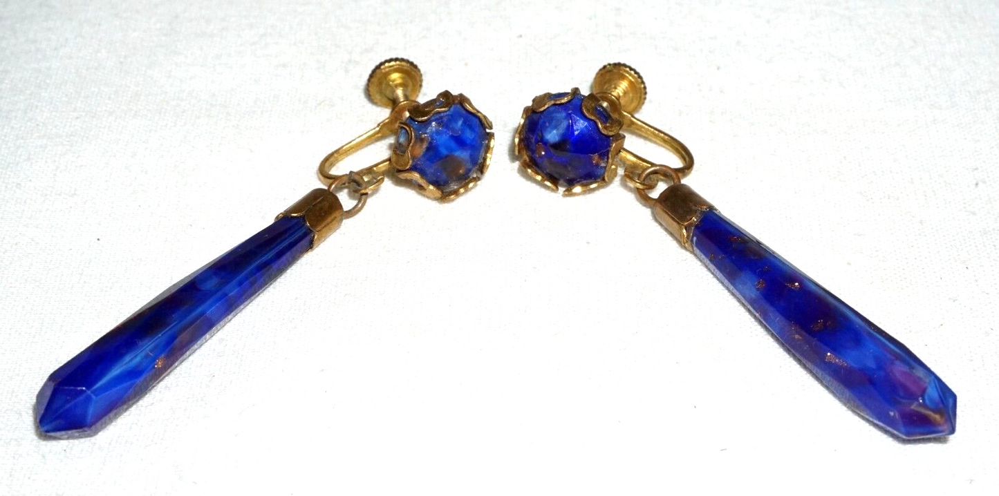 Vintage Yellow Gold Dangle Earrings set w. Blue & Gold Synthetic Accents (***)