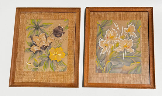 (2x) 1950's Hale Pua Hawaii Airbrushed Floral Paintings by Frank Oda (KuK)