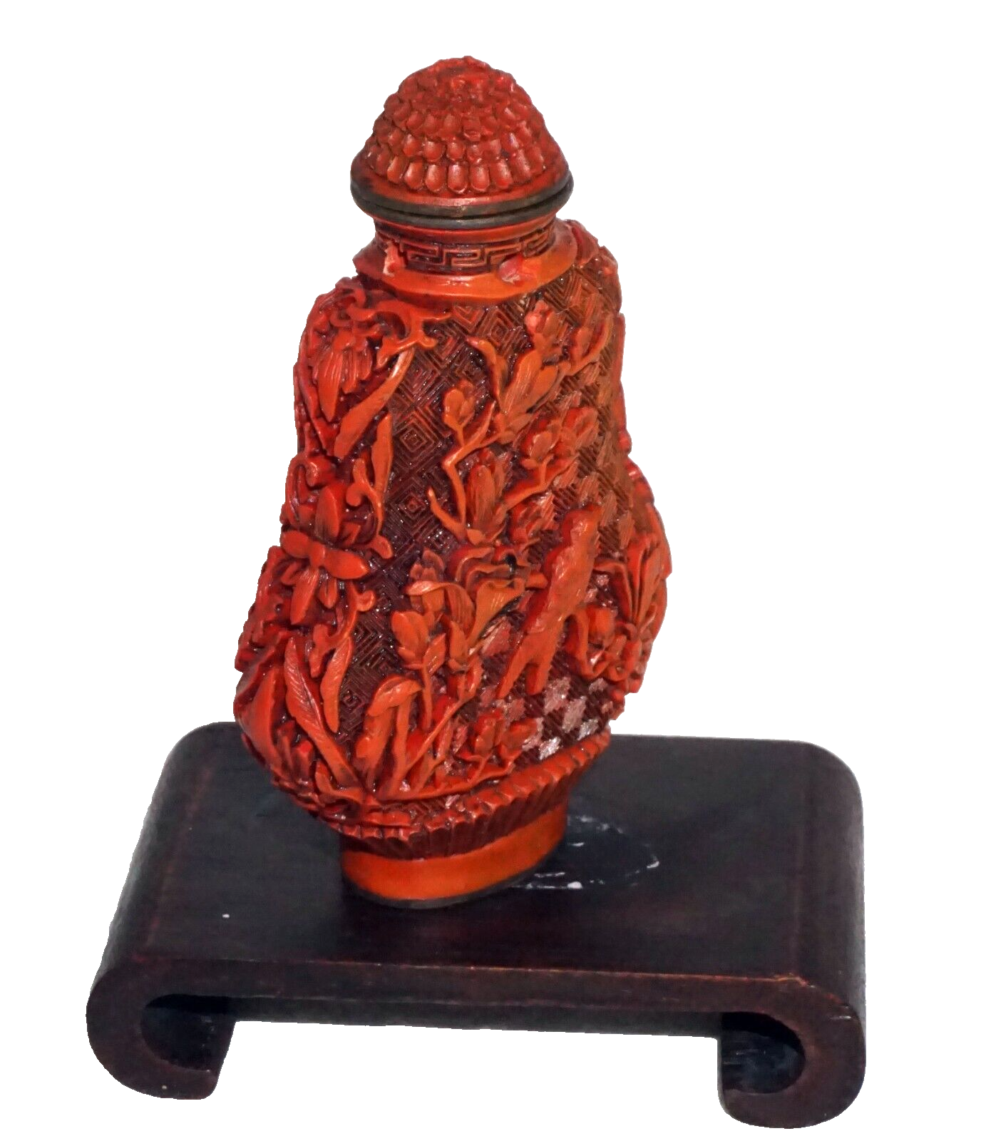 Chinese Cinnabar Style Carved Snuff Bottle w. Birds Motifs & Reign Mark (Kai)