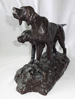 1930s JAPANESE BRONZE SCULPTURE "PAIR of HUNTING DOGS" sign HIDEAKI (Ree)