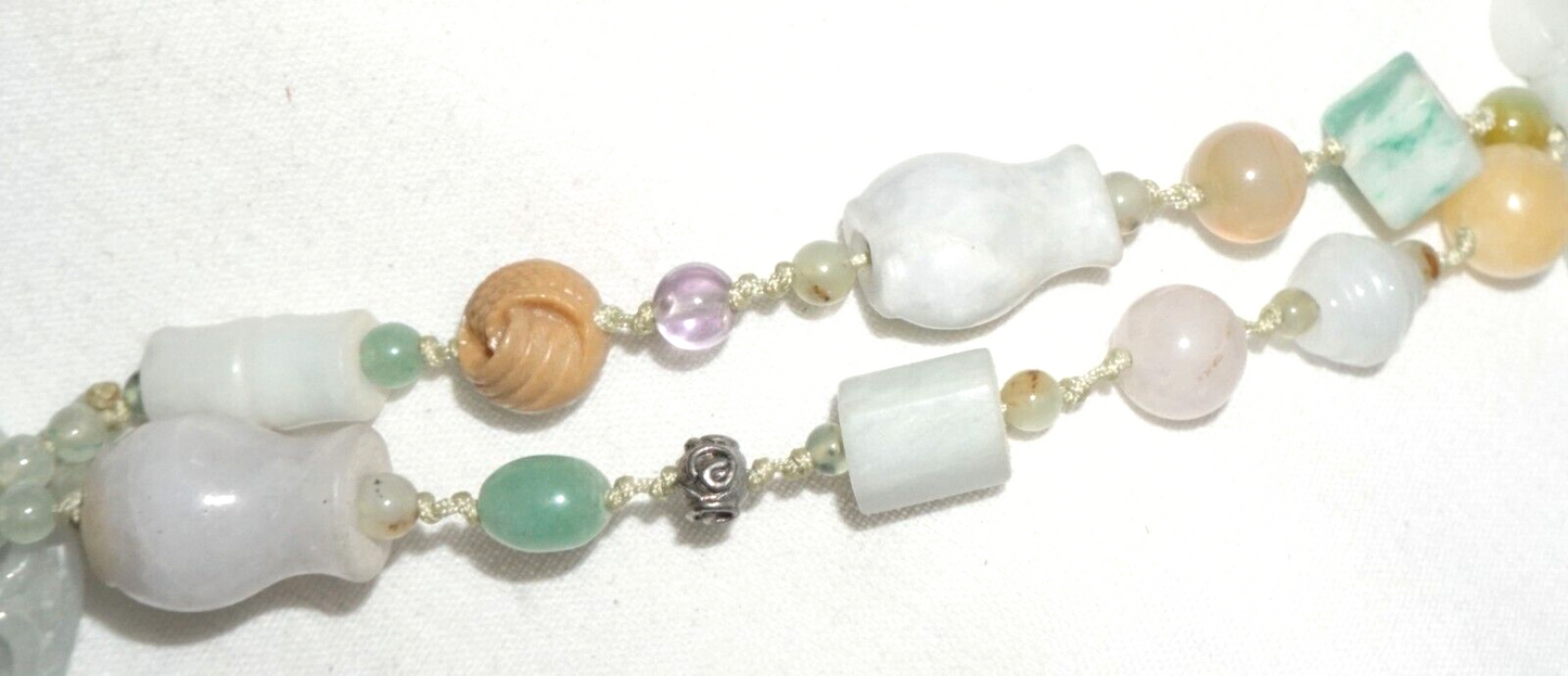 Vintage Chinese Jadeite Jade & Hard-stone Bead Necklace w. Jade Pendant (---)